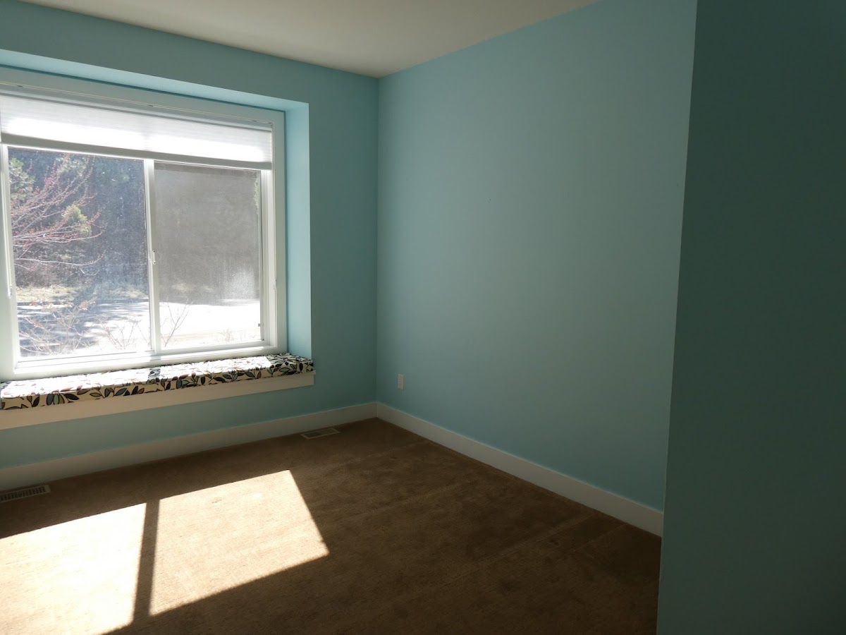 Calm teal bedroom, walls and trim