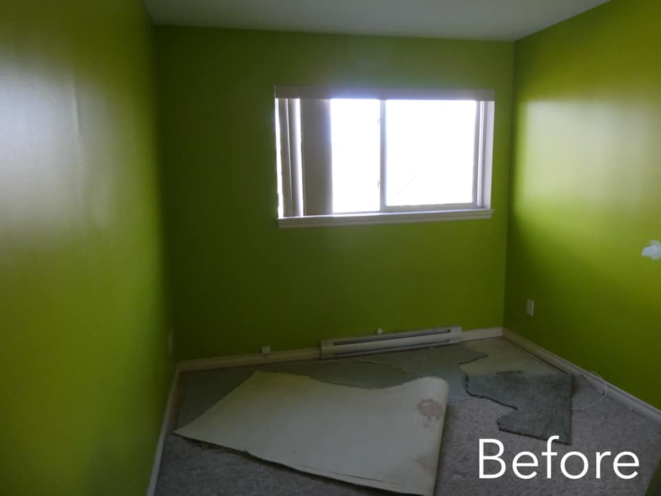 Bedroom before painting, in a bright lime green